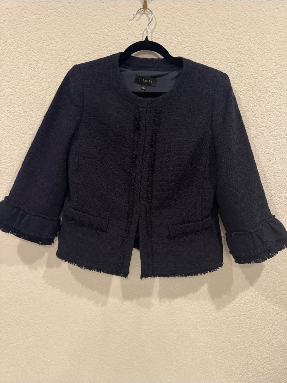 Talbots Black Tweed Ruffle-Sleeve Fringe Jacket Classic Blazer Size 6